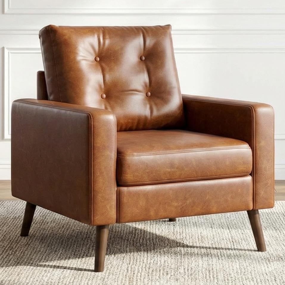 HNY Mid Century Modern Armchair, Button Tufted Faux Leather Accent Chair with Armrests, Upholstered Club Chair for Living Room, Bedroom & Office, Caramel Brown