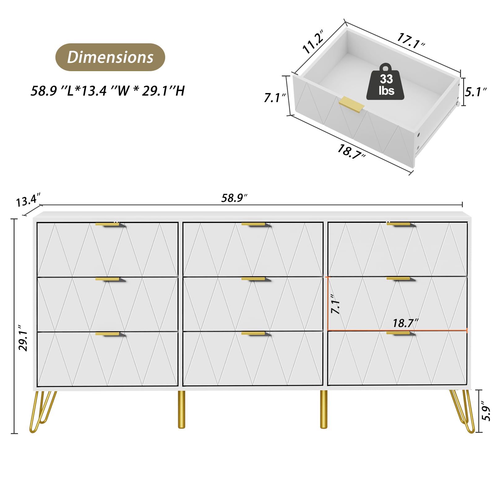 White 9 Drawer Dresser with Deep Drawers and Gold Handles