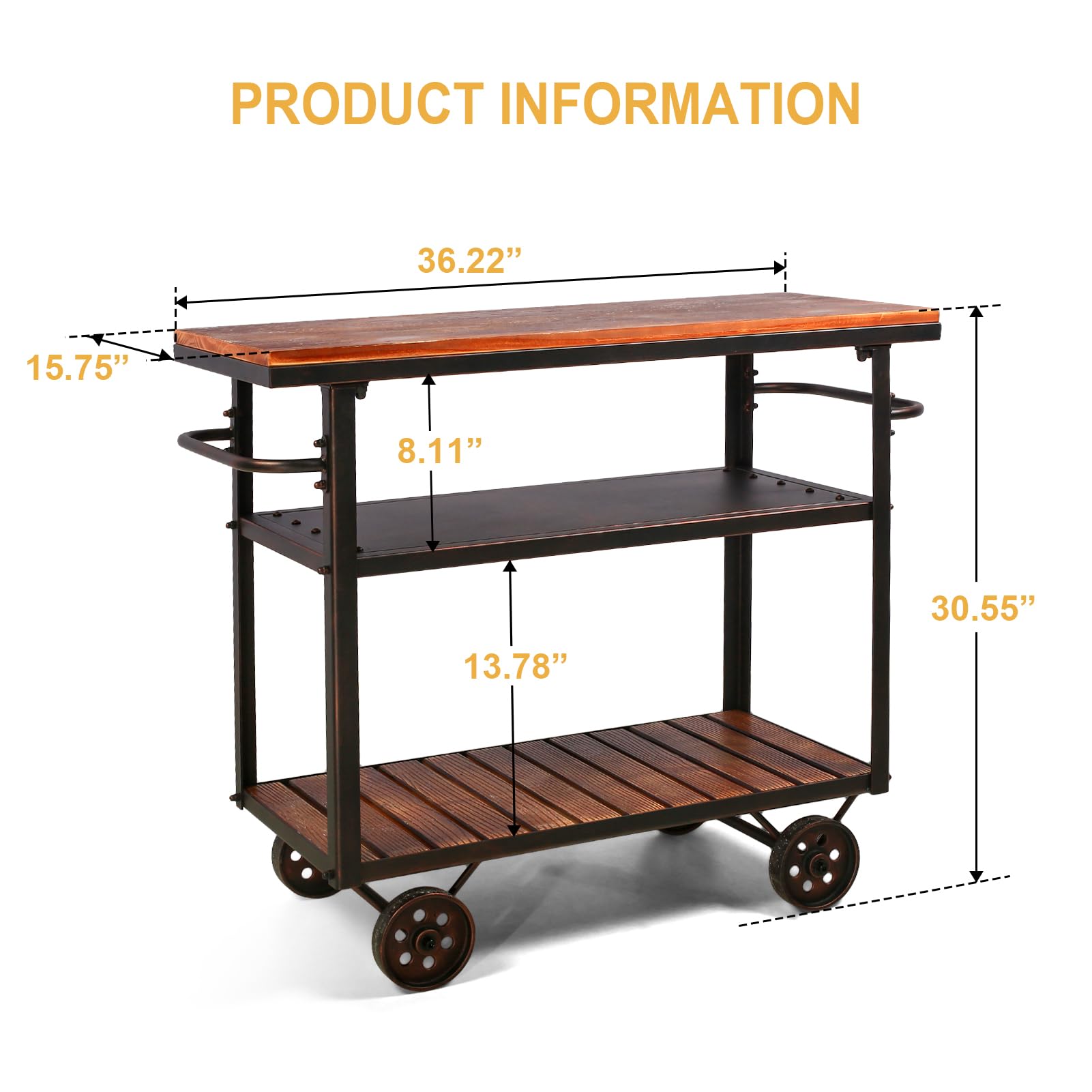Industrial Bar Cart with Wheels - 3-Tier Metal Serving Cart