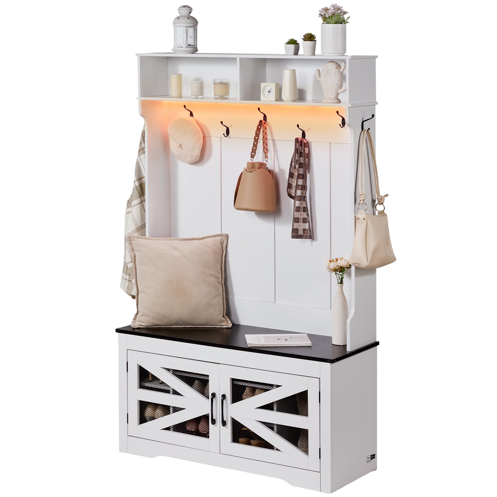 Hall Tree Entryway Bench with LED Coat Rack