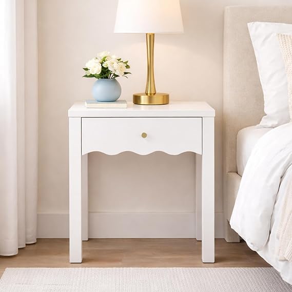 Scalloped Edge Nightstand with Drawer and Storage Shelf