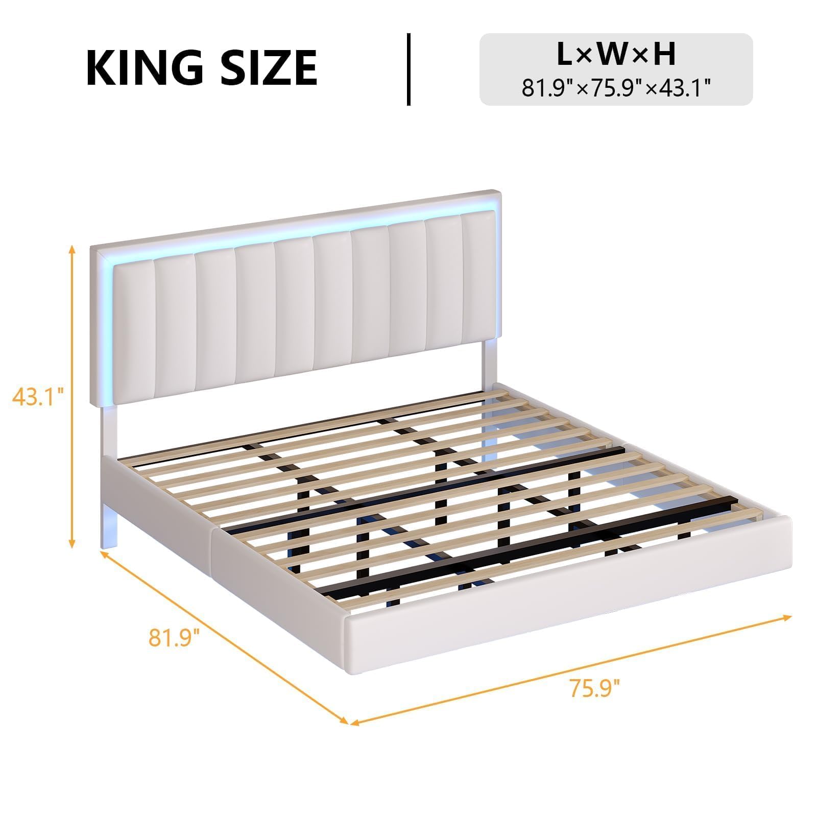 Floating Bed Frame King Size with LED Lights and Upholstered Headboard