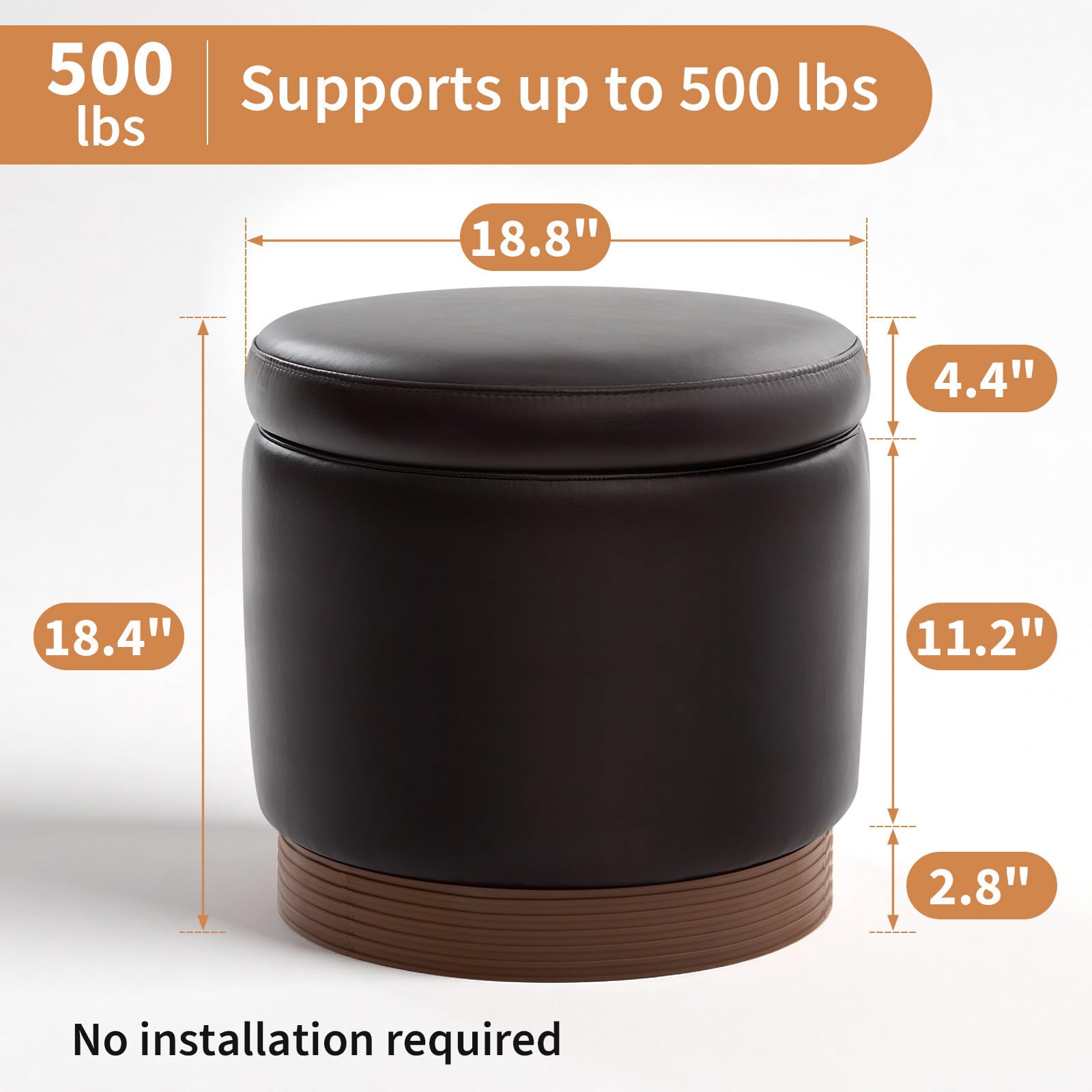 Round Storage Ottoman Dark Brown Swivel Footstool