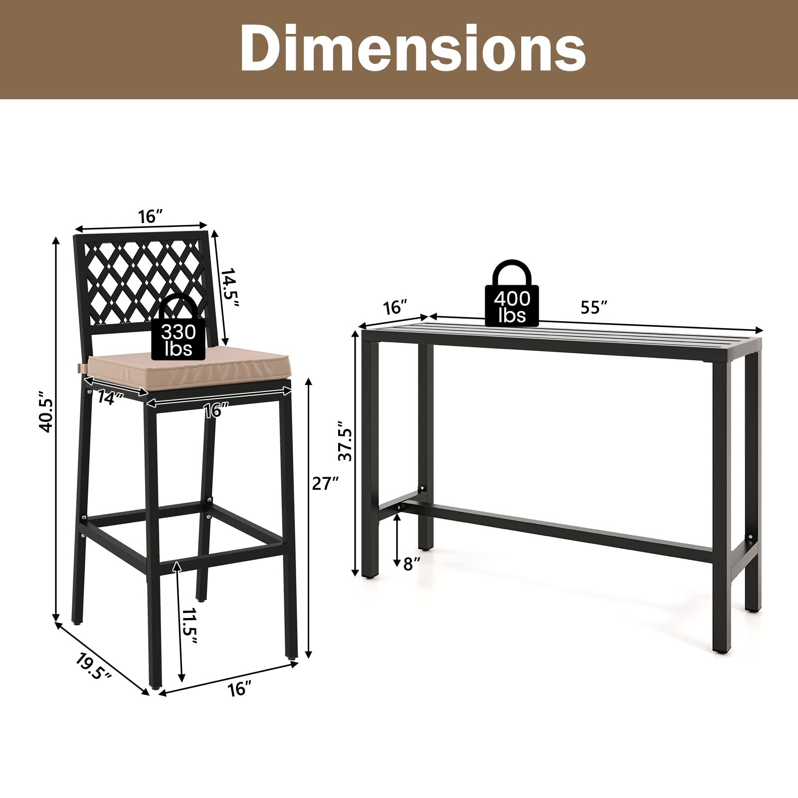 3-Piece Outdoor Bar Table and Chairs Set
