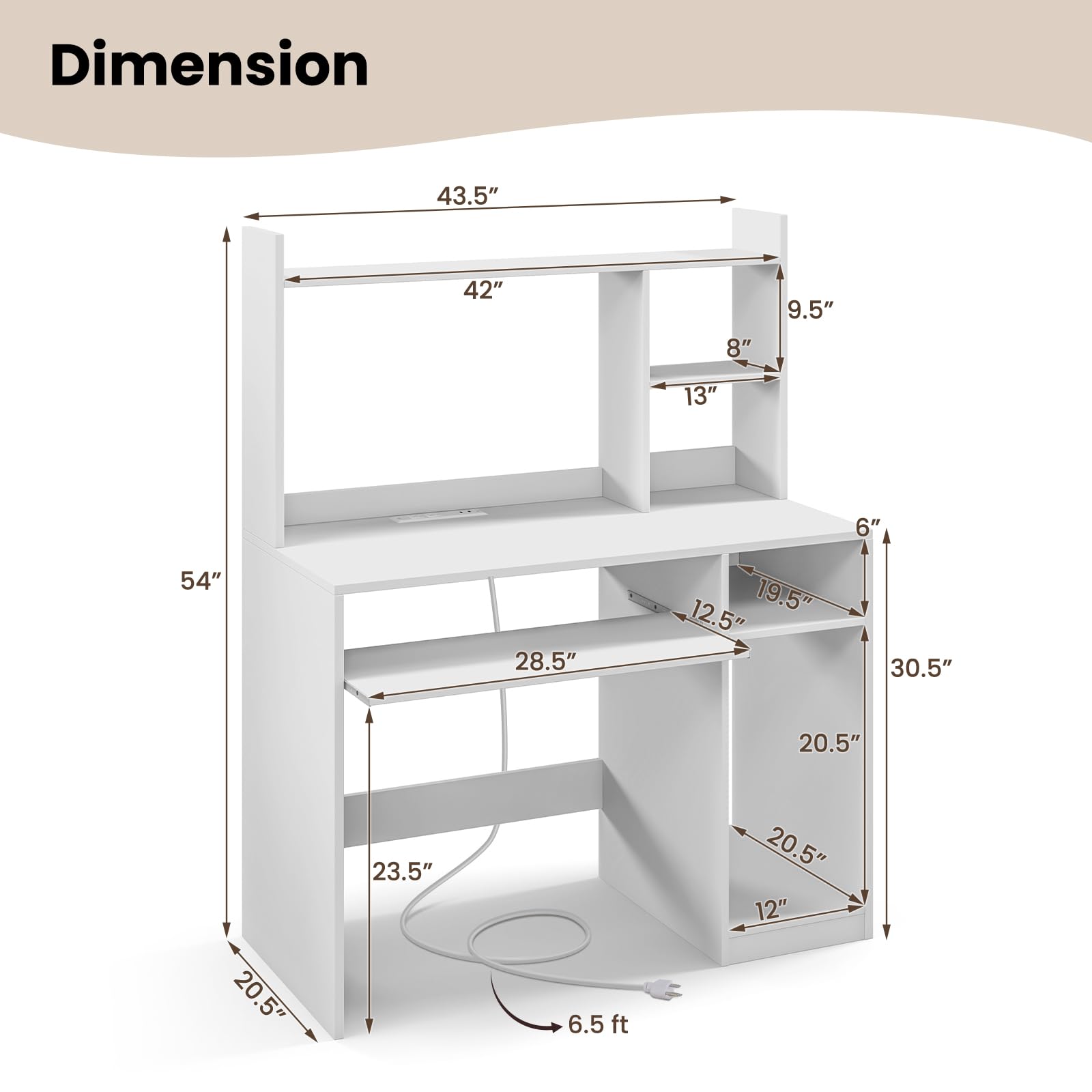 Computer Desk with Hutch 43.5 Inch - Keyboard Tray & Charging Station