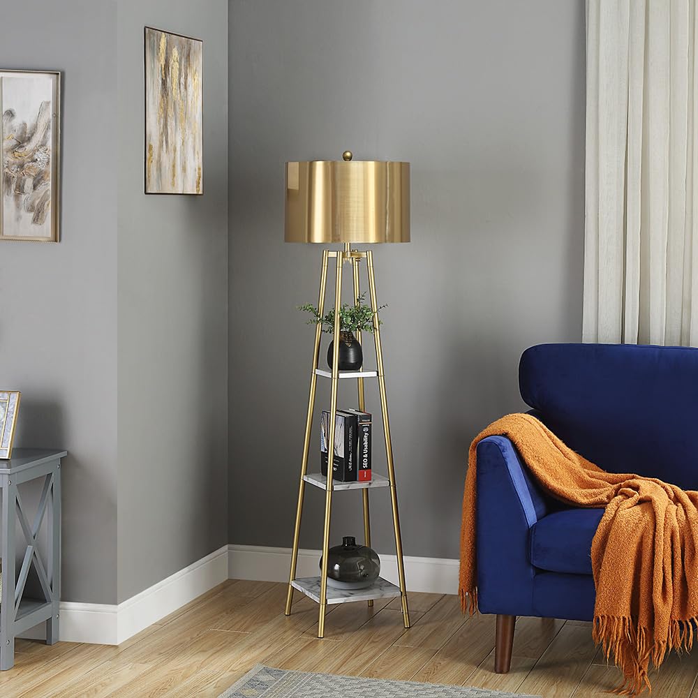 Floor Lamp with Shelves and Gold Shade