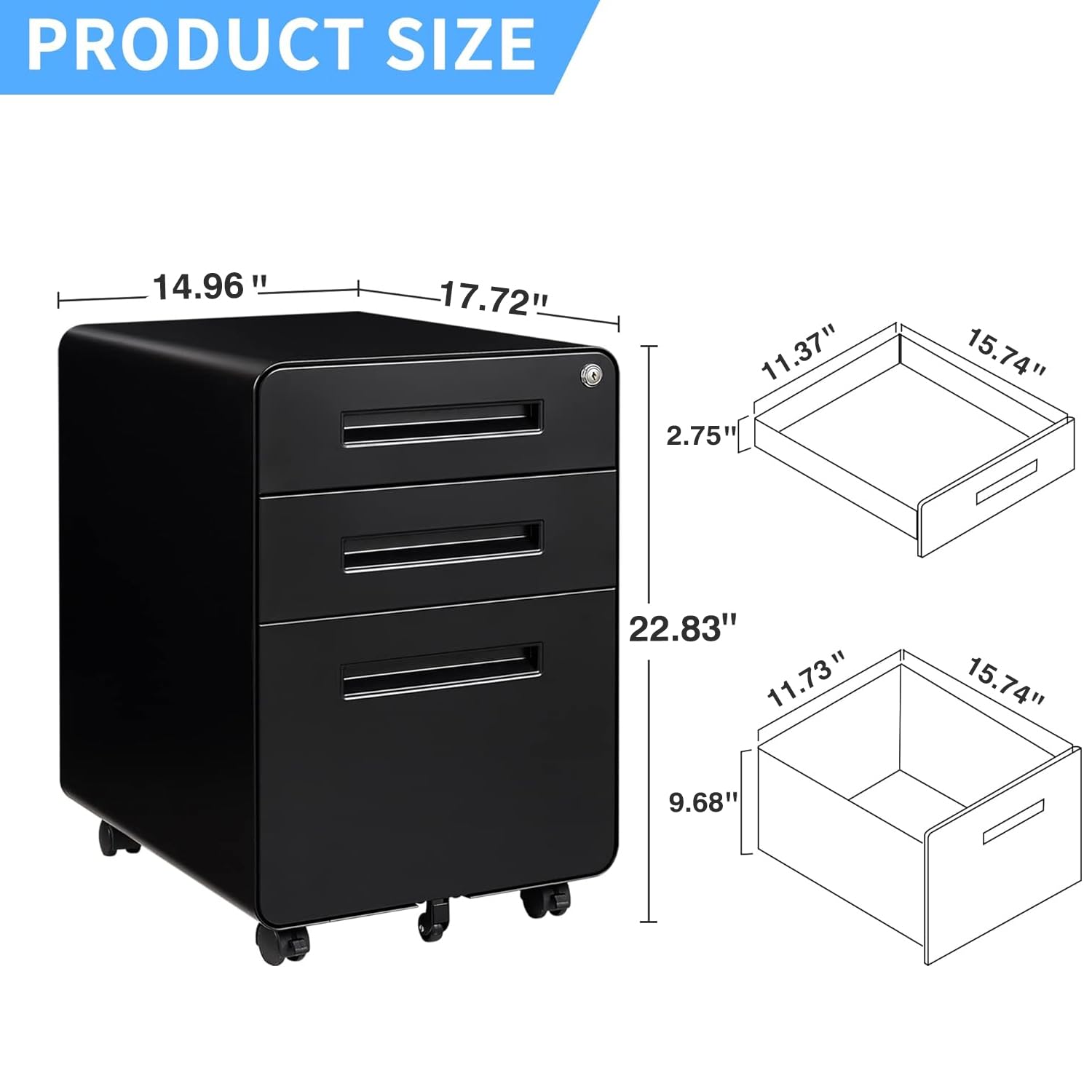 Letaya File Cabinet, 3 Drawer Filing Cabinets for Home Office with Lock Mobile Under Desk Fully Assembled Cabinet (Black)