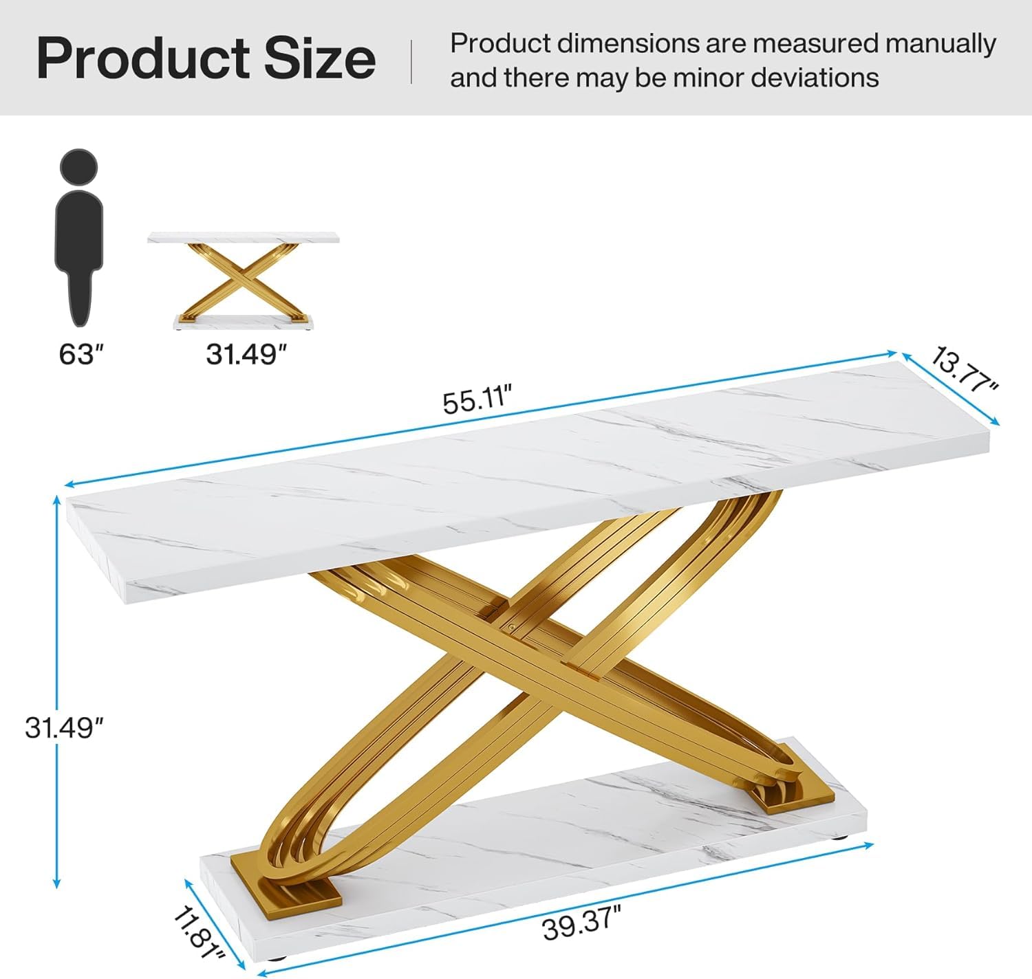 55 Inch Modern Console Table with Gold Metal Frame