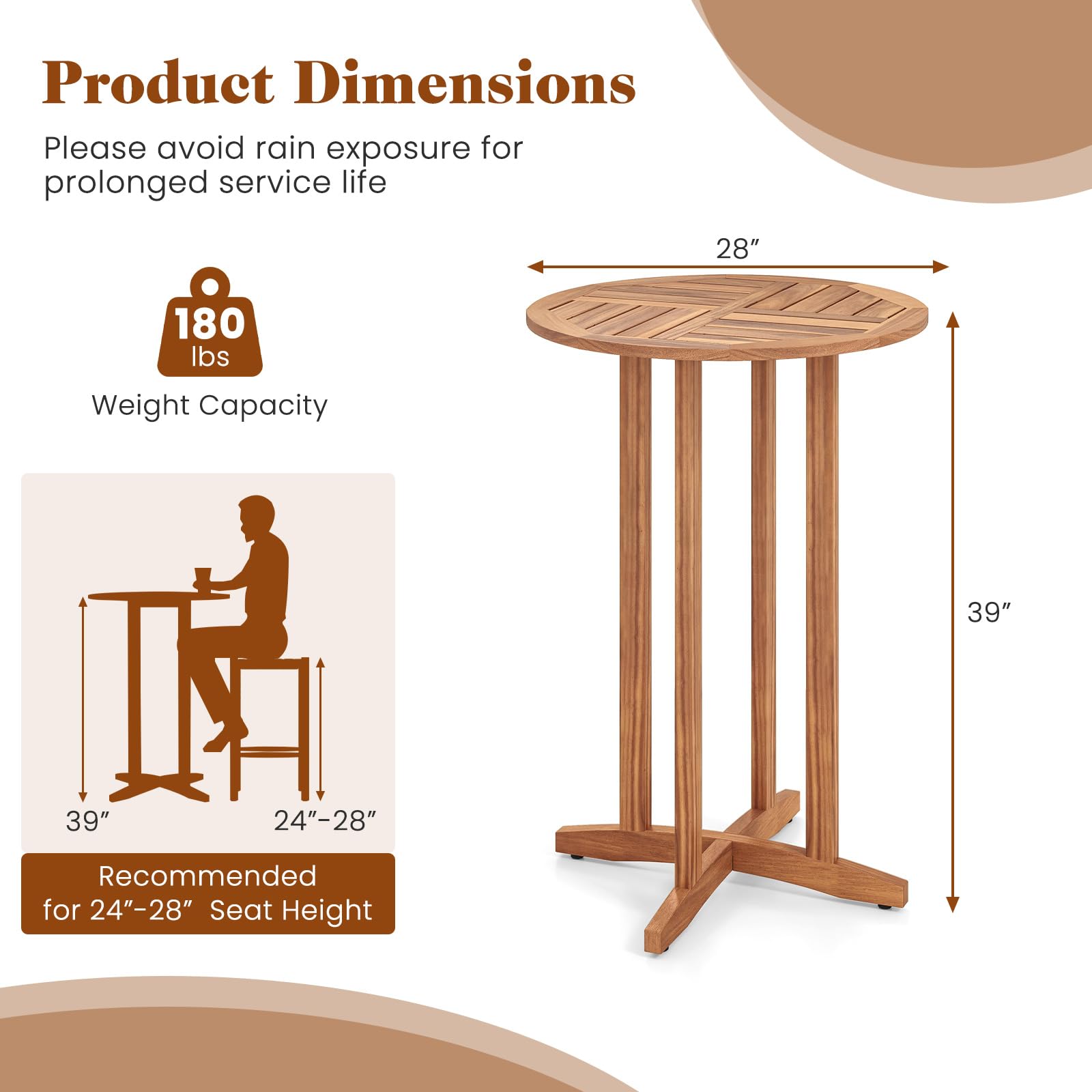 Outdoor Acacia Wood Bar Table 39" Round
