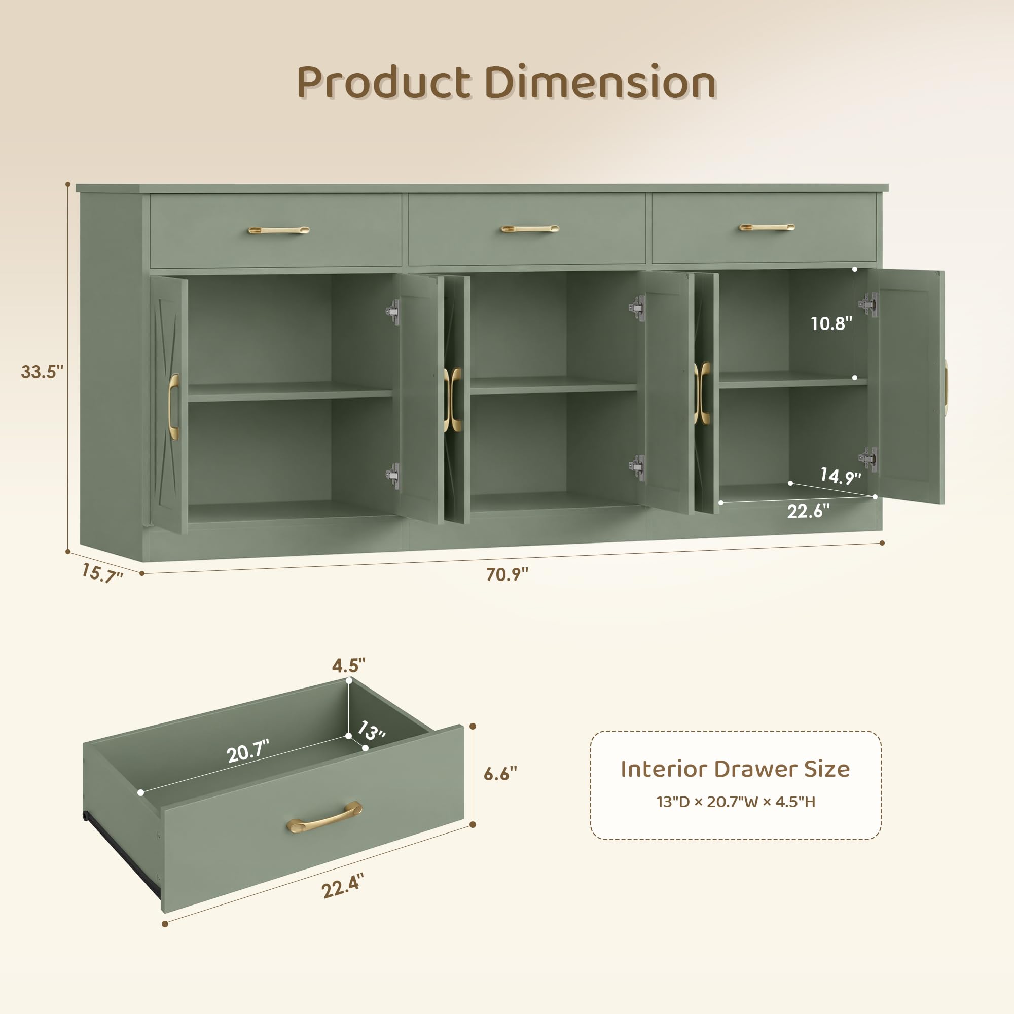 71" Farmhouse Sideboard Buffet Cabinet with Storage