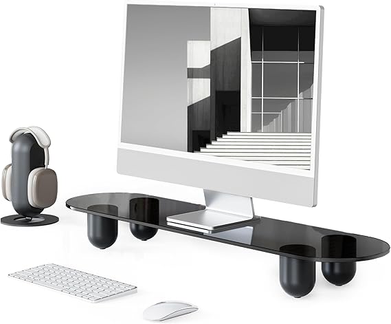 34 Inch Dual Monitor Riser with Wooden Shelf
