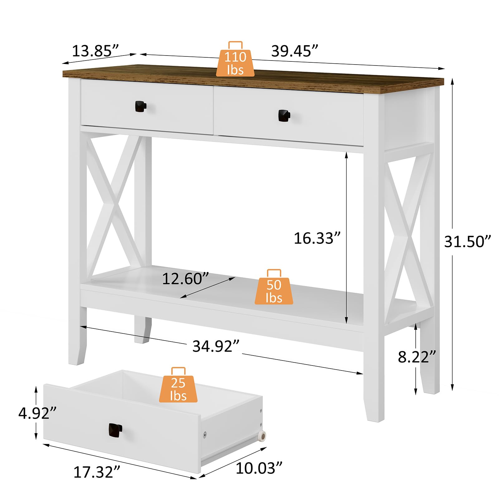 White Farmhouse Console Table with Drawers