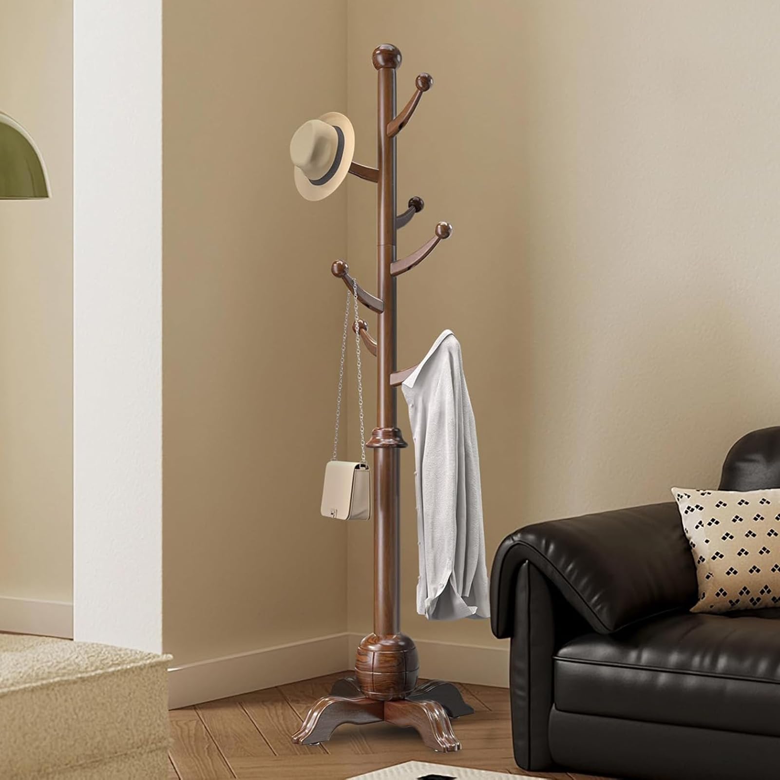 Wooden Coat Rack Freestanding with 7 Hooks