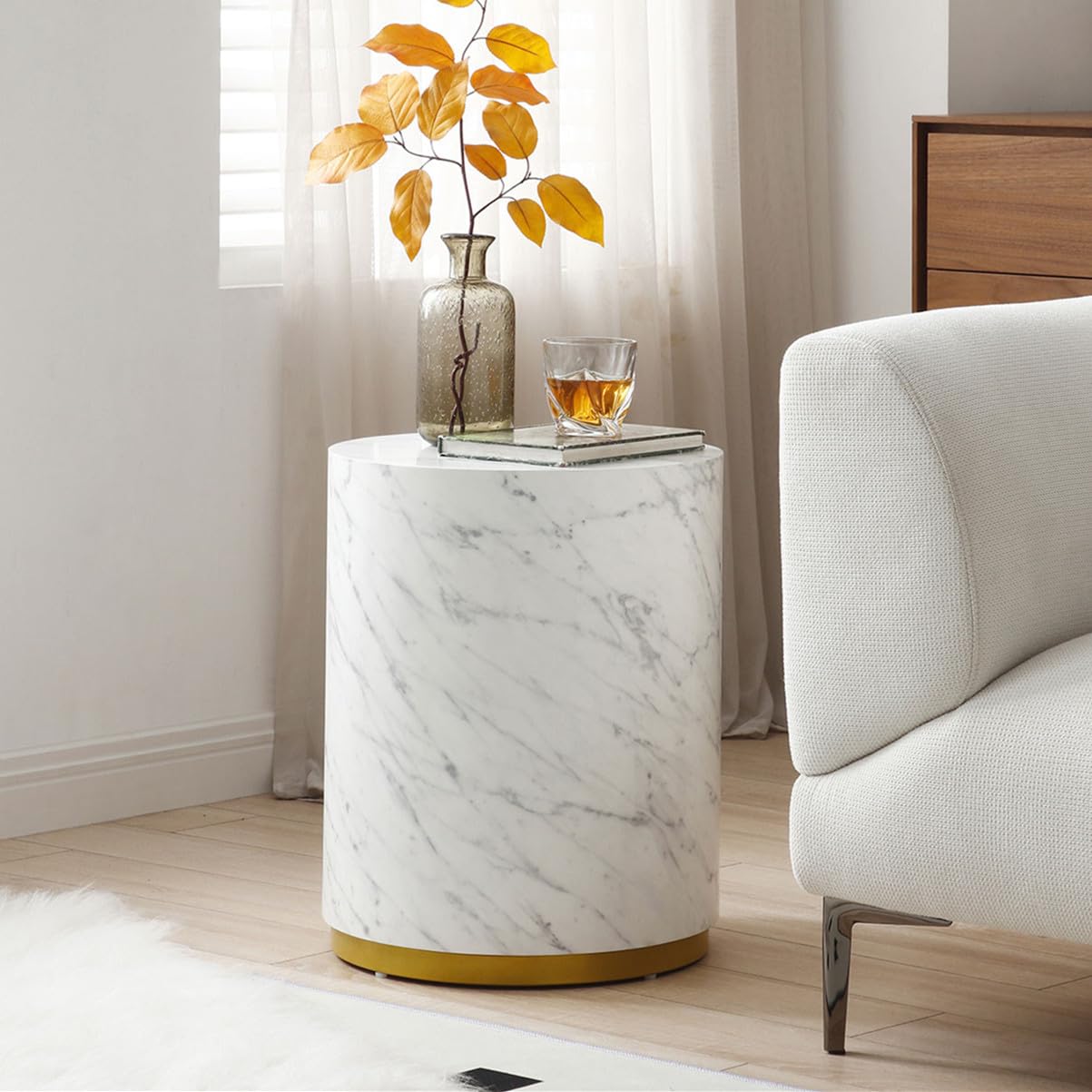 Round Marble End Table with Gold Edge