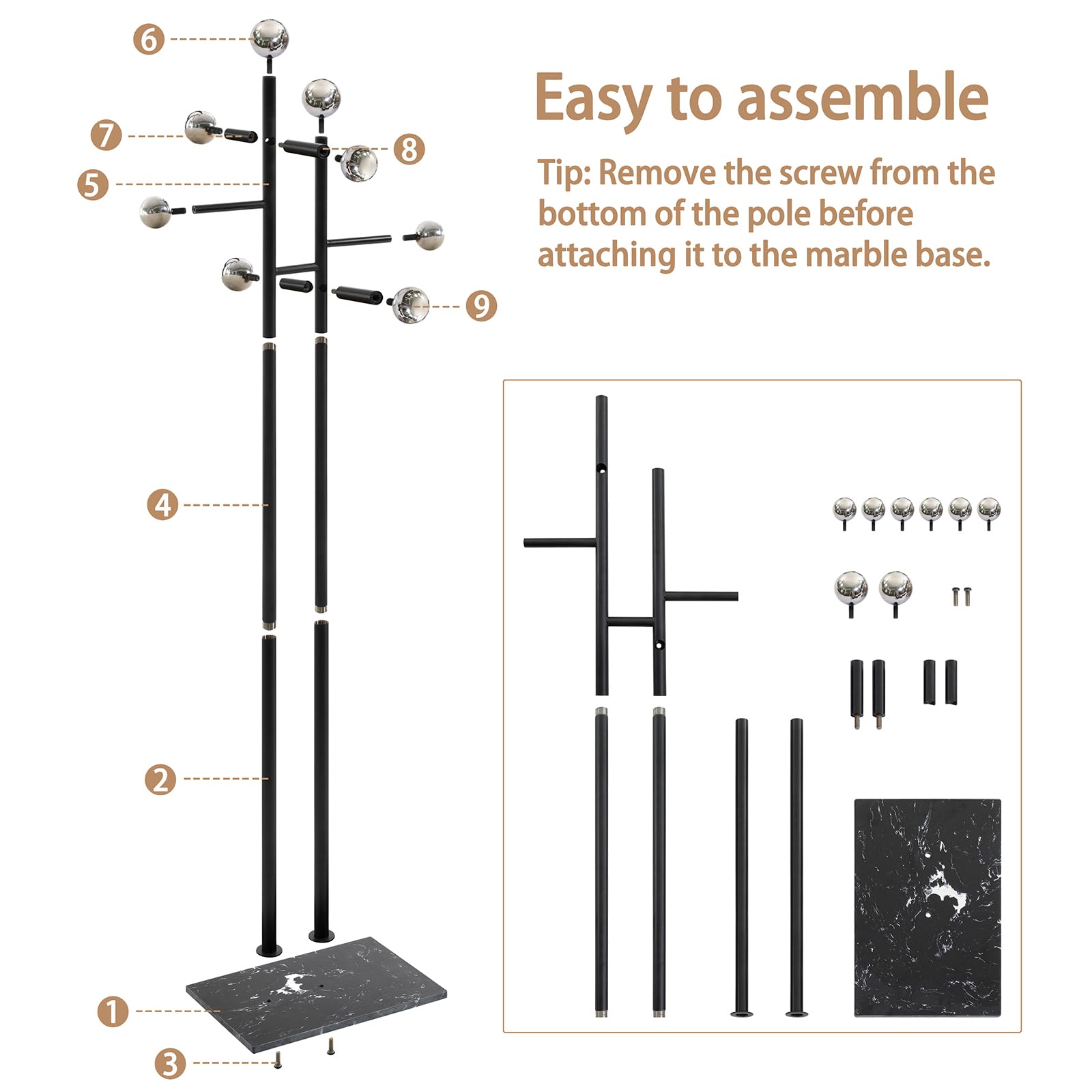 Coat Rack Freestanding with Marble Base - Heavy Duty Metal Corner Coat Tree