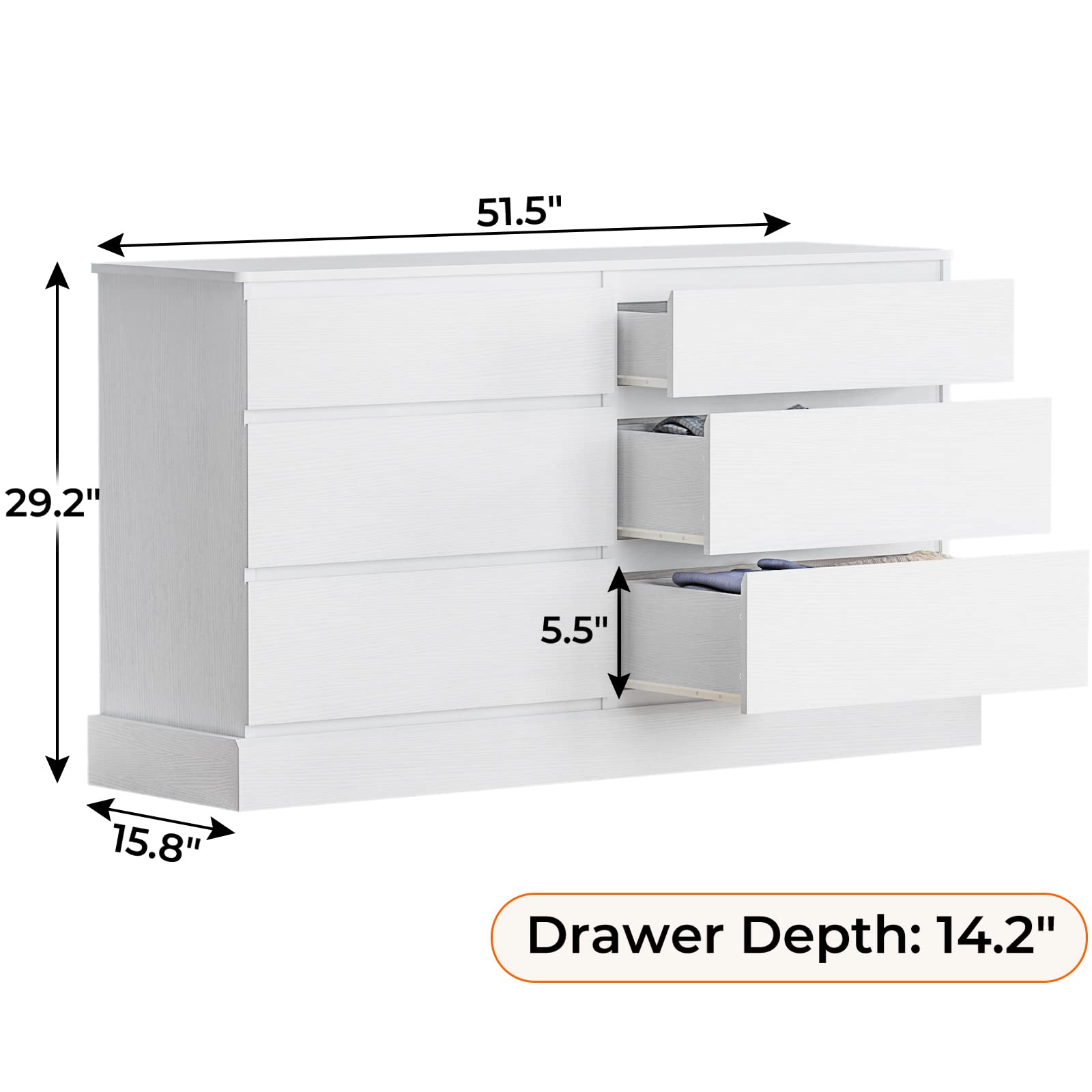 6 Drawer Double Dresser 51.5W Wooden Storage Chest
