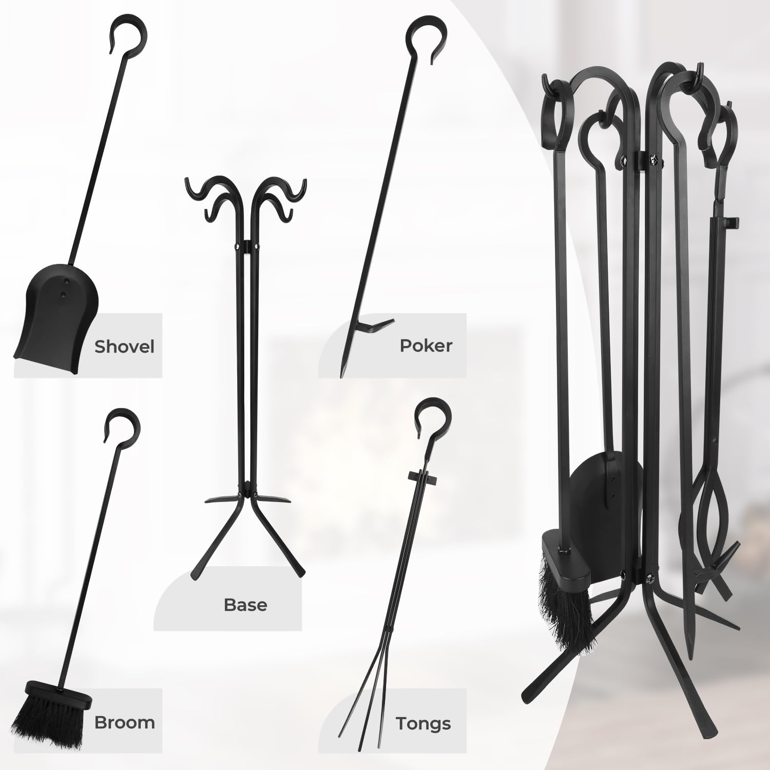 5-Piece Fireplace Tool Set with Stand