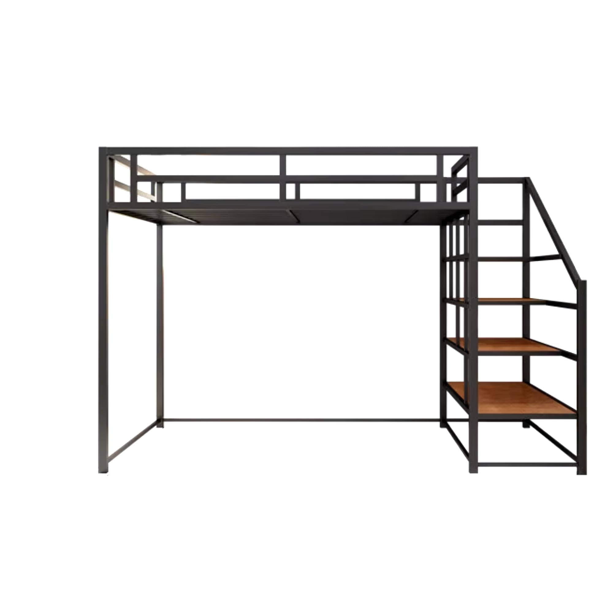 Twin XL Metal Loft Bed with Storage Shelves and Stairs