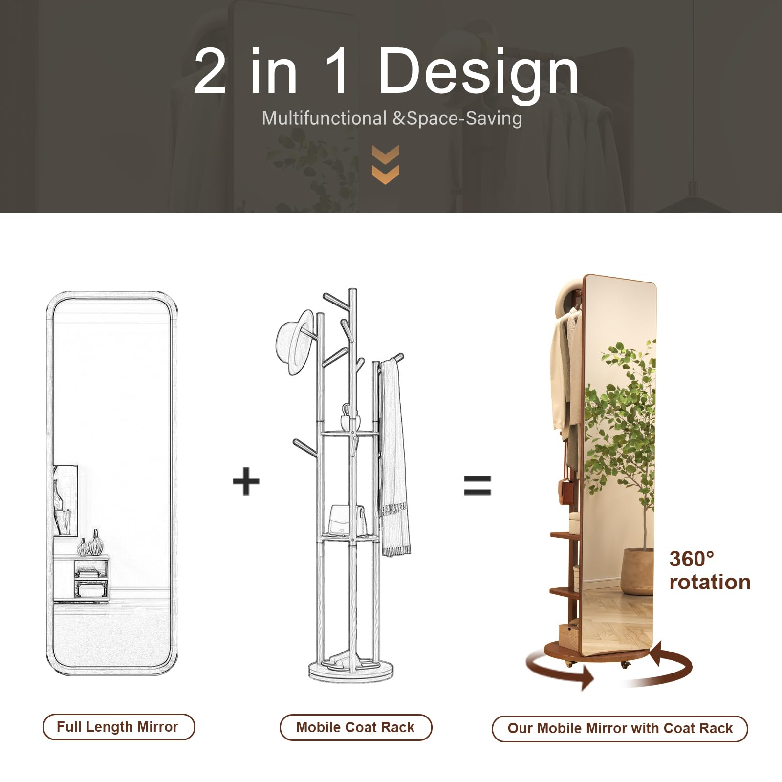 Solid Wood Full Length Mirror Coat Rack with Wheels