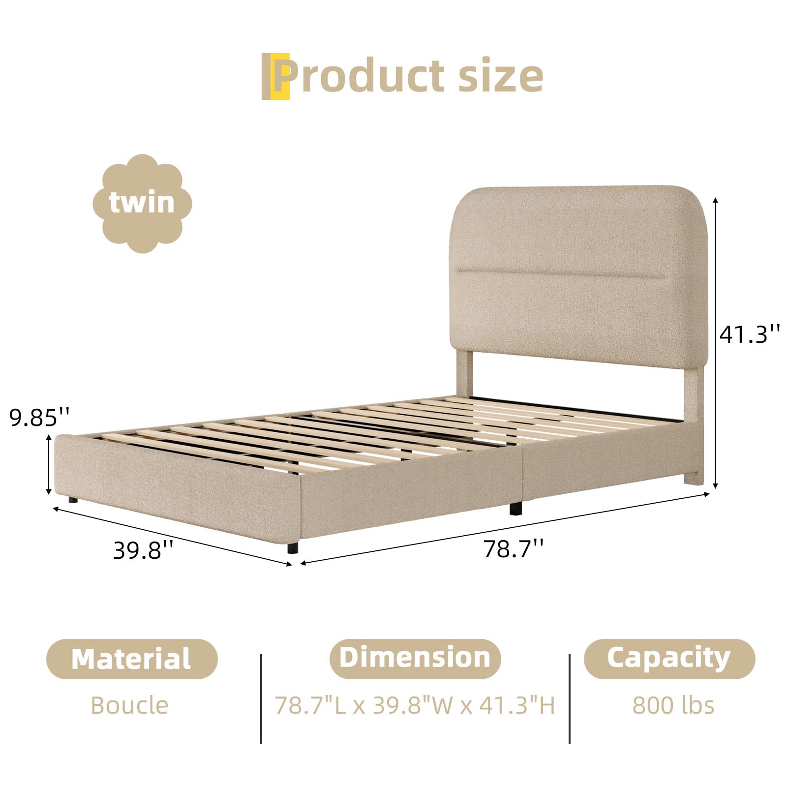 Twin Size Boucle Upholstered Bed Frame with Adjustable Headboard