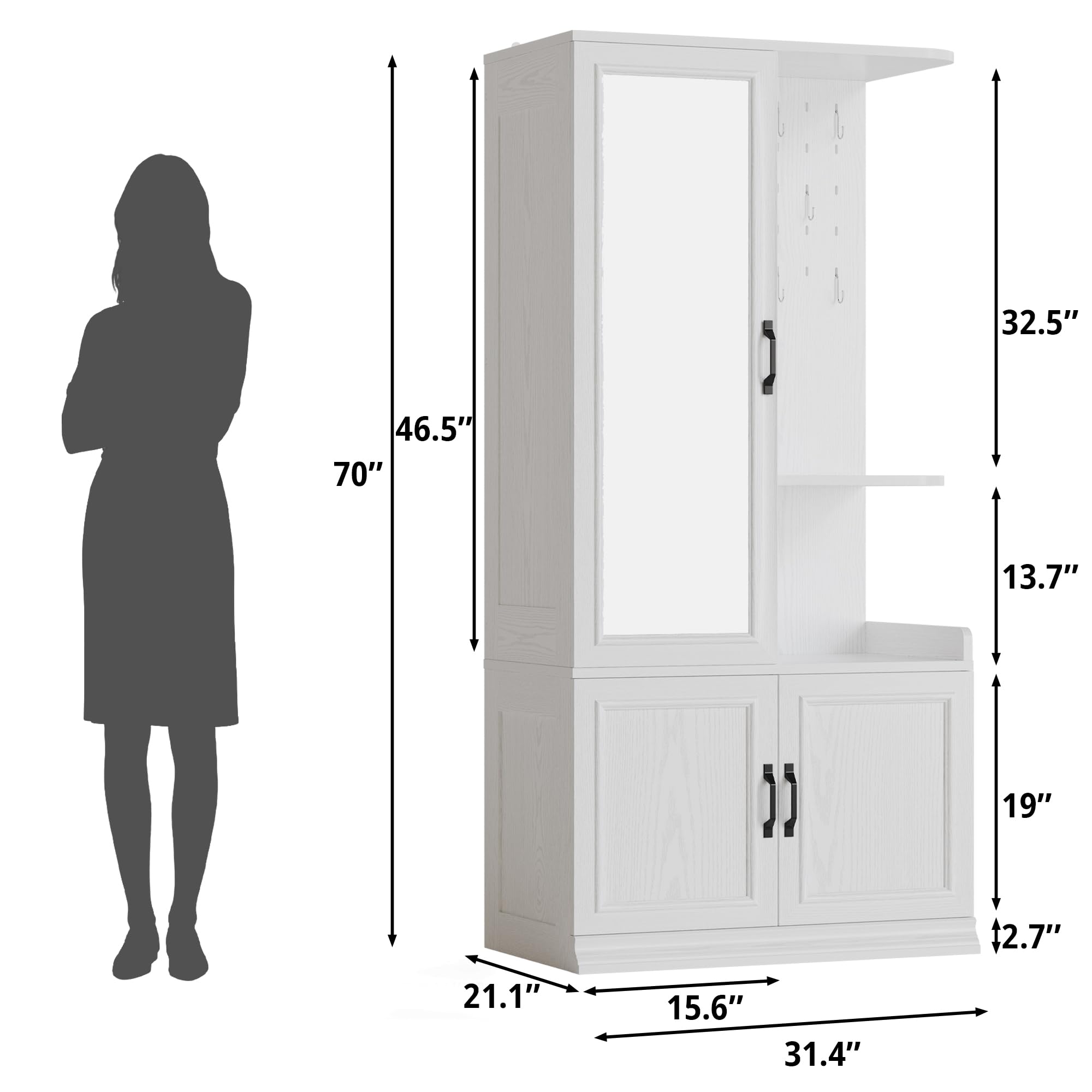 70" Wooden Armoire Wardrobe Closet with Mirror and Pegboard
