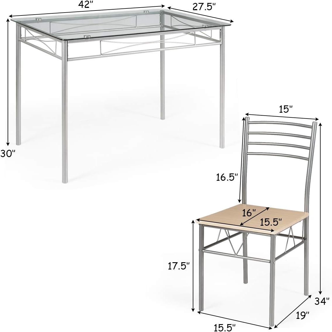 5 Piece Glass Dining Table Set with 4 Chairs