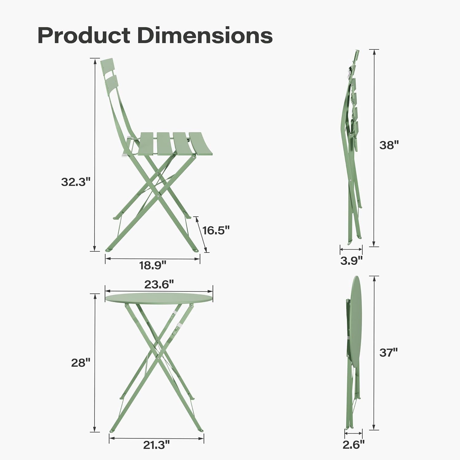 LAUSAINT HOME 3-Piece Steel Folding Bistro Set, Premium Weather-Resistant Patio Table & 2 Chairs for Balcony, Garden, Yard, Poolside & Indoor (Square, Green)