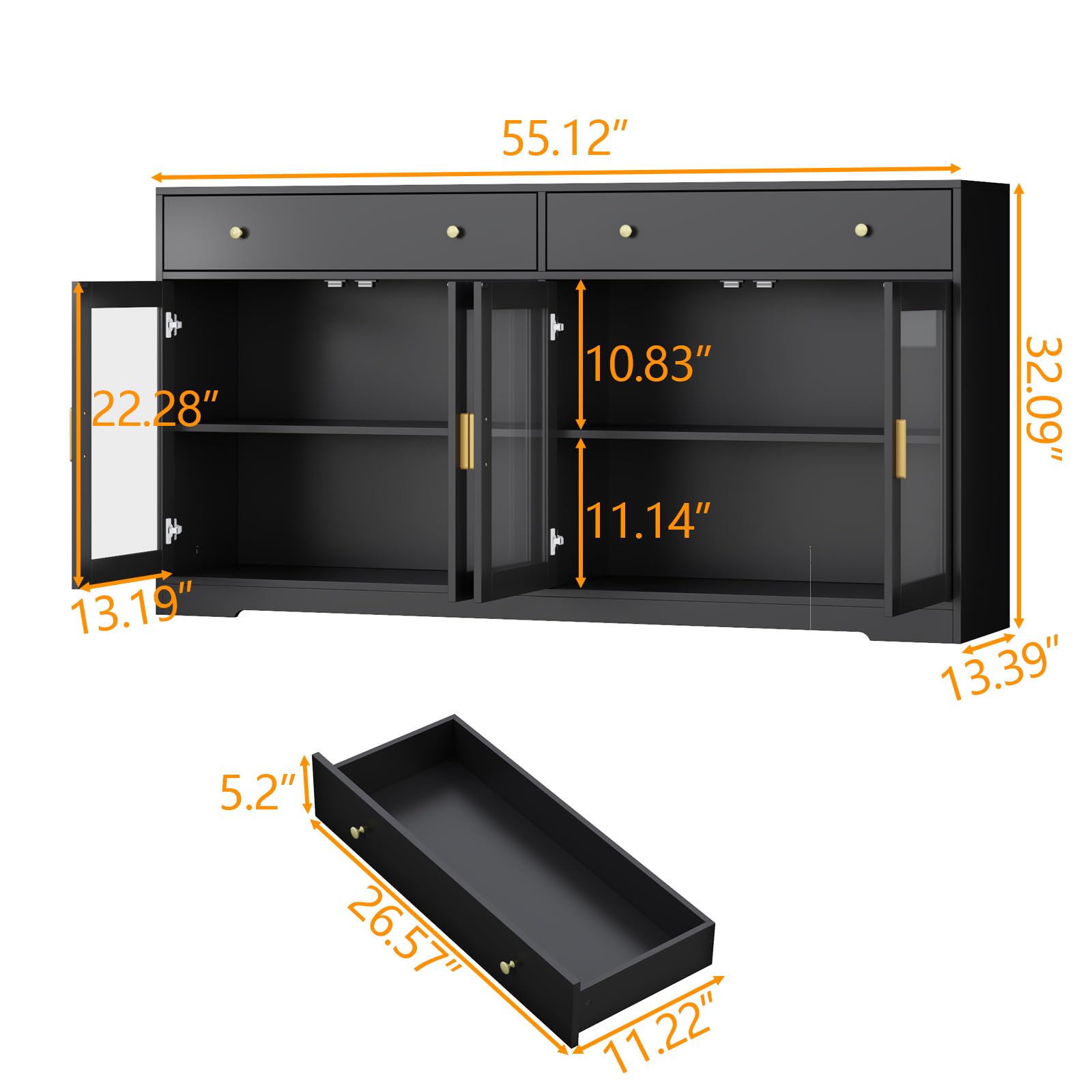 55" LED Buffet Cabinet with Glass Doors
