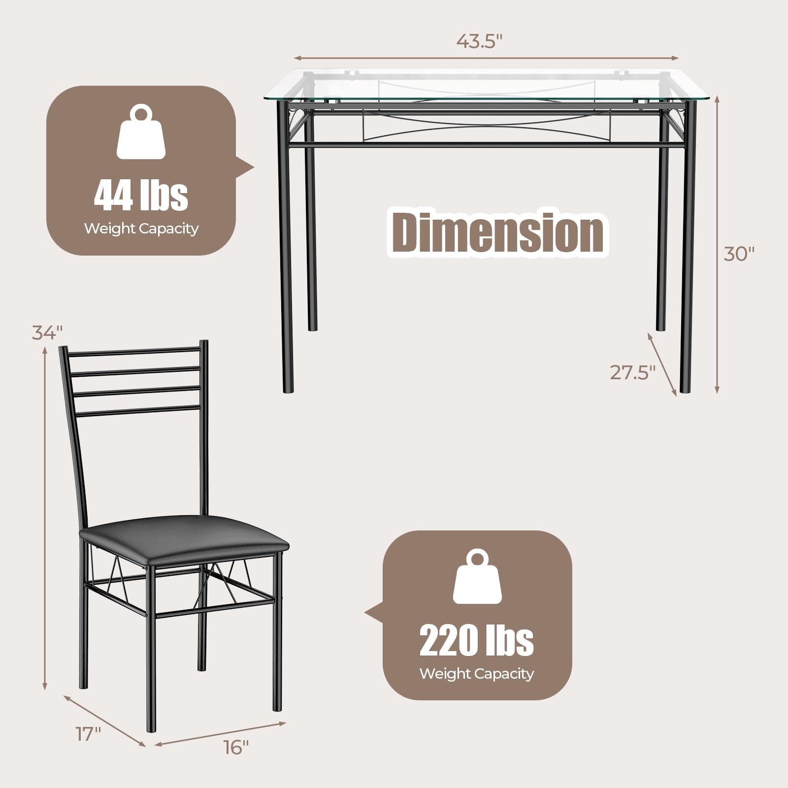 5 Piece Dining Table Set with Tempered Glass Top