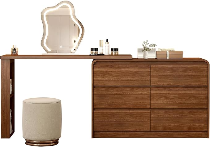 L-Shape Vanity Desk with LED Mirror and Lights - 6 Drawer Makeup Dresser