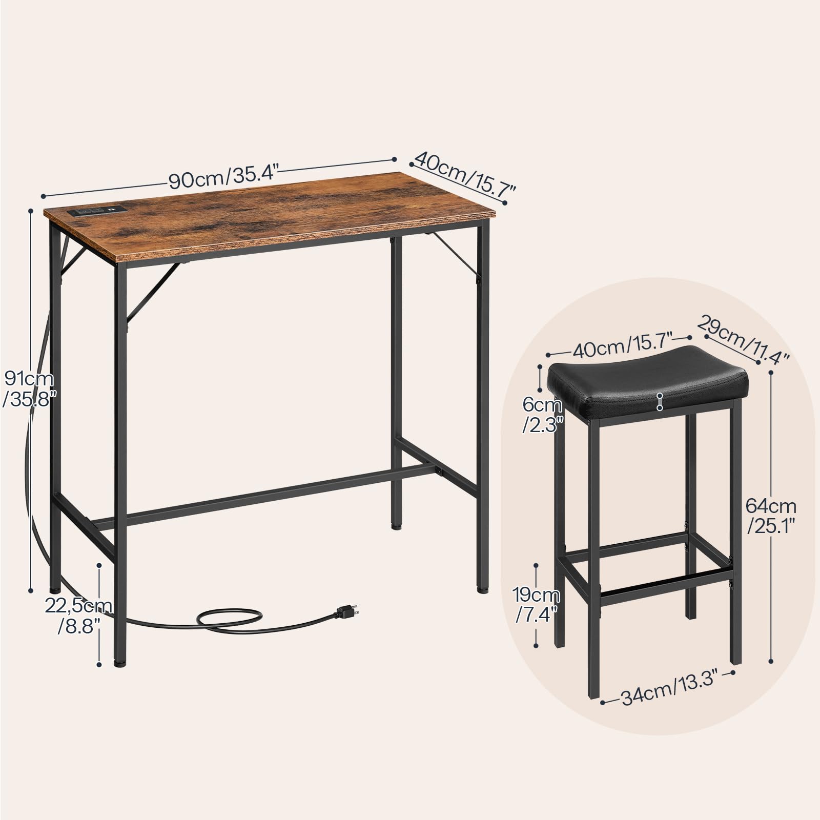3-Piece Bar Table and Chairs Set with Charging Station