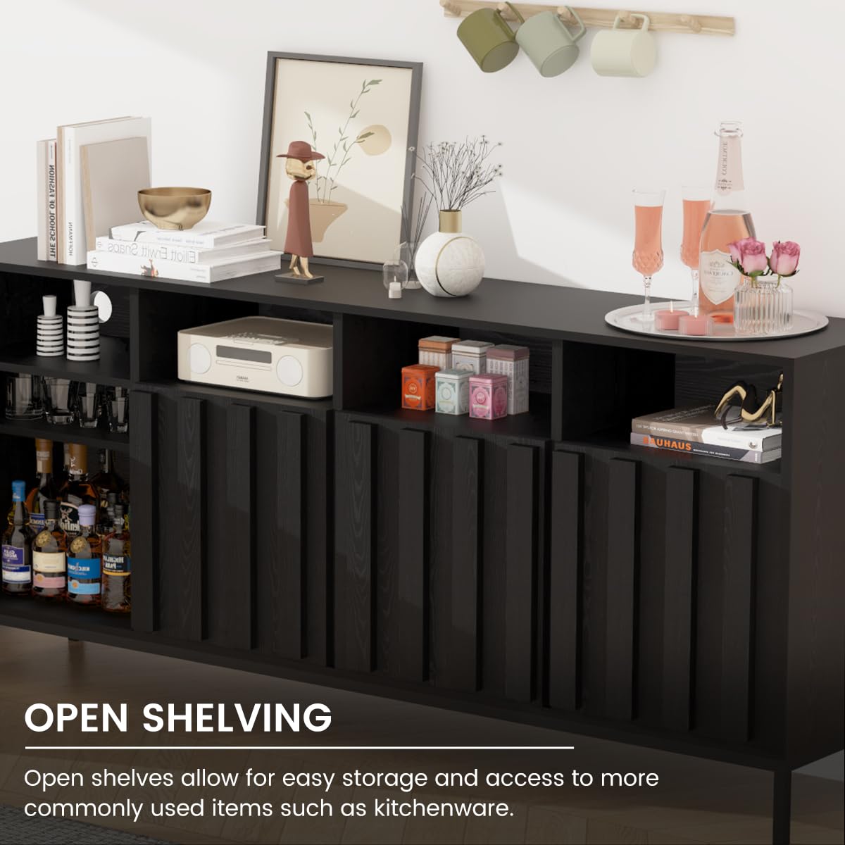 70" Storage Cabinet with Fluted Panel Doors and Power Outlets