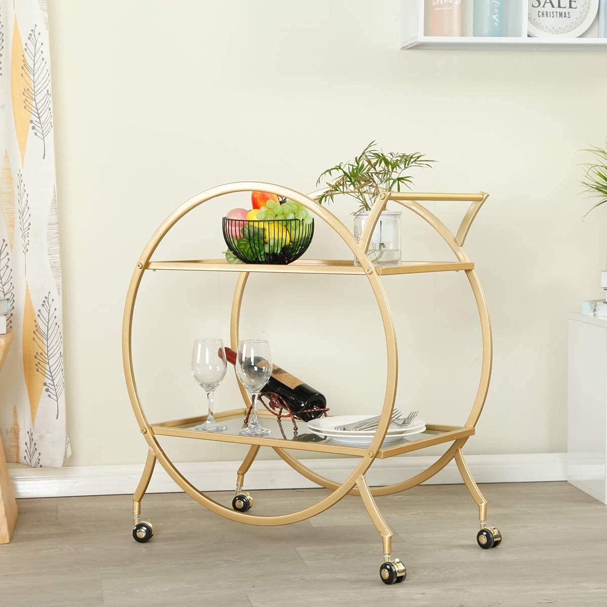 Bar Cart with 2 Mirrored Shelves and Locking Wheels