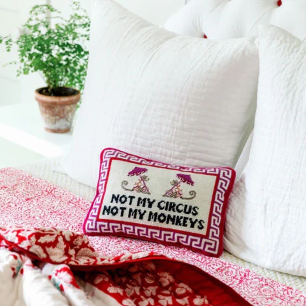 Needlepoint Decorative Throw Pillow - Not My Circus Not My Monkeys 10" x 14"
