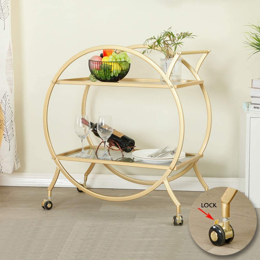 Bar Cart with 2 Mirrored Shelves and Locking Wheels