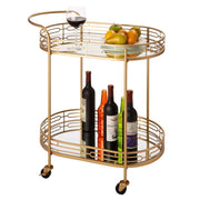Oval Gold Bar Cart - 2-Tier Mirrored Glass with 4 Wheels