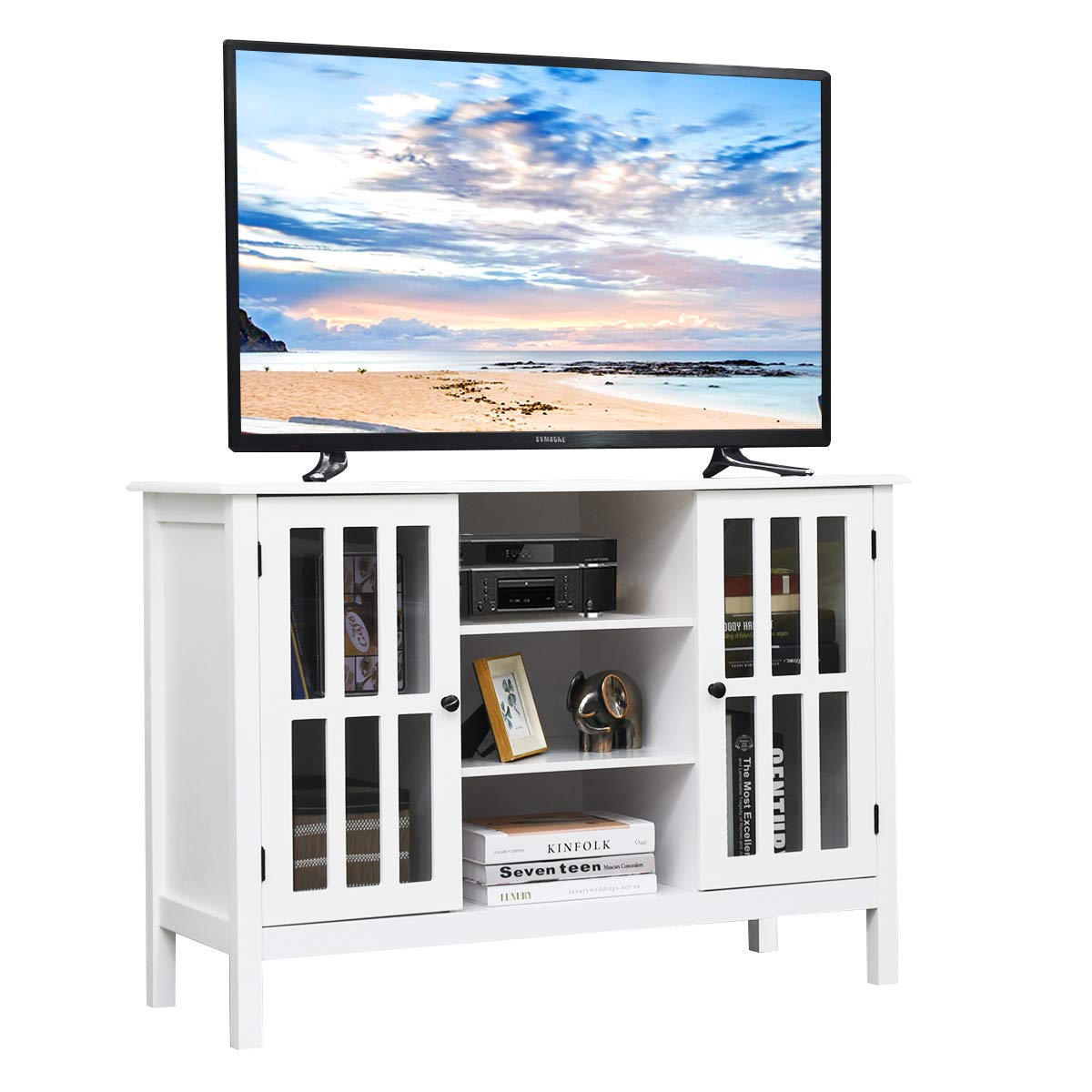 White TV Stand Entertainment Center with Storage Cabinets