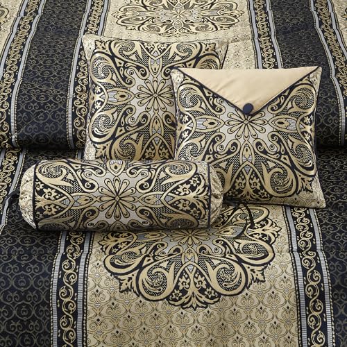 California King Comforter Set Navy Medallion Jacquard 7 Piece