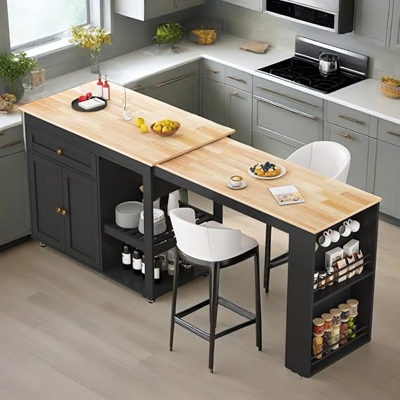 81.5" Kitchen Island with Extendable Dining Table on Wheels