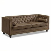 ONBRILL 79'' Faux Leather Couch for Living Room, Comfy Chesterfield Button-Tufted Sofa with 2 Bolster Pillows and Wood Legs, Mid-Century Modern Deep Seat Couch for Apartment, Office, Brown