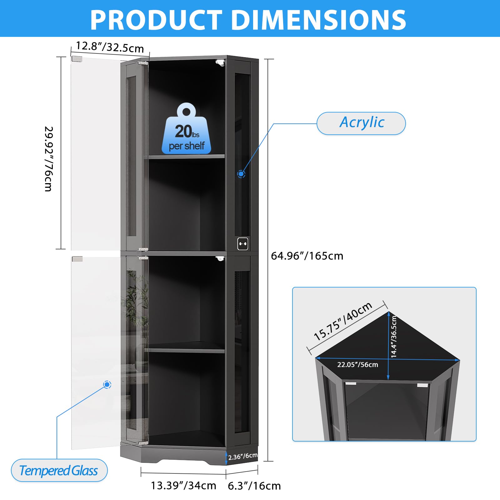 Corner Glass Display Cabinet with LED Lights