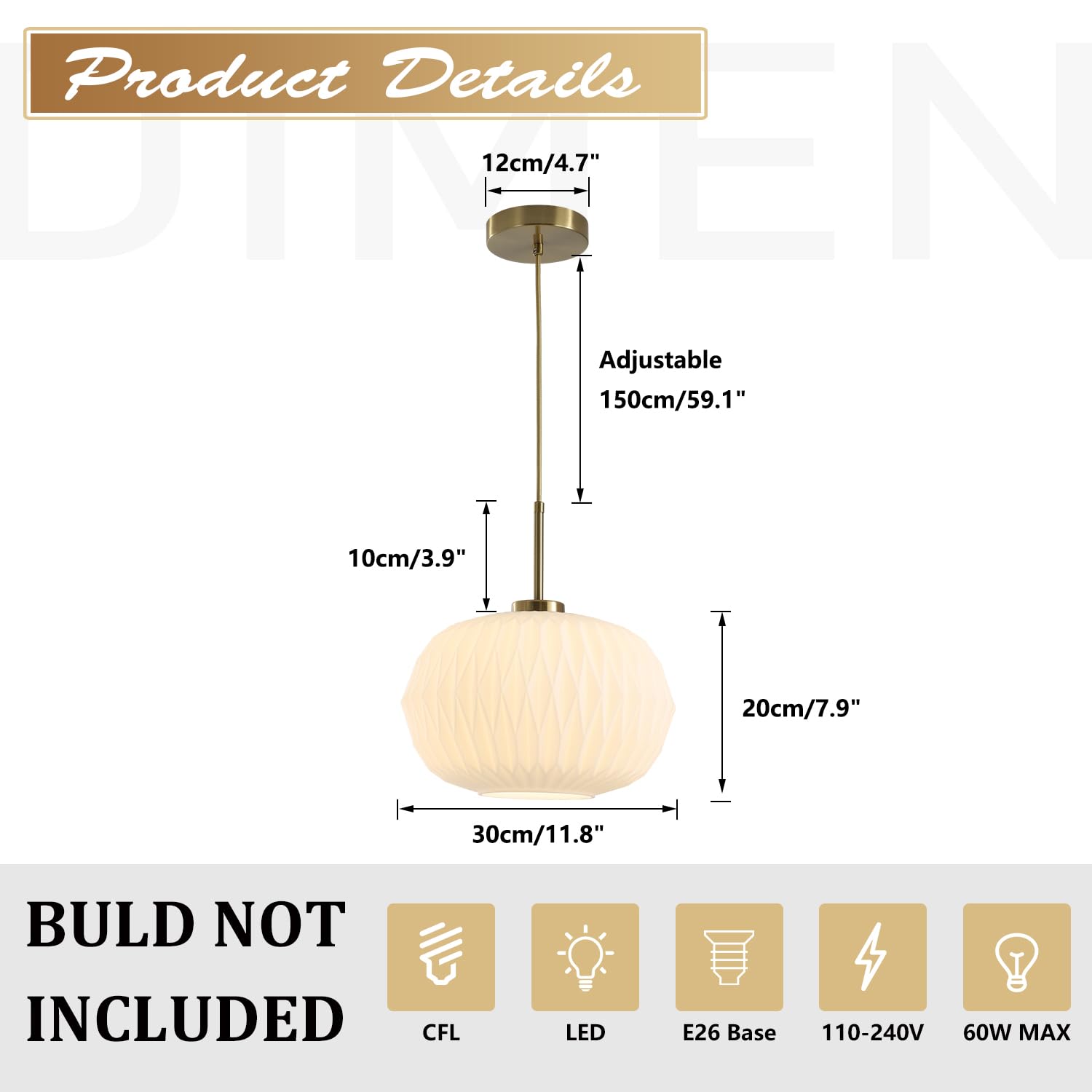12-Inch Gold Pendant Light with Ribbed Glass Globe
