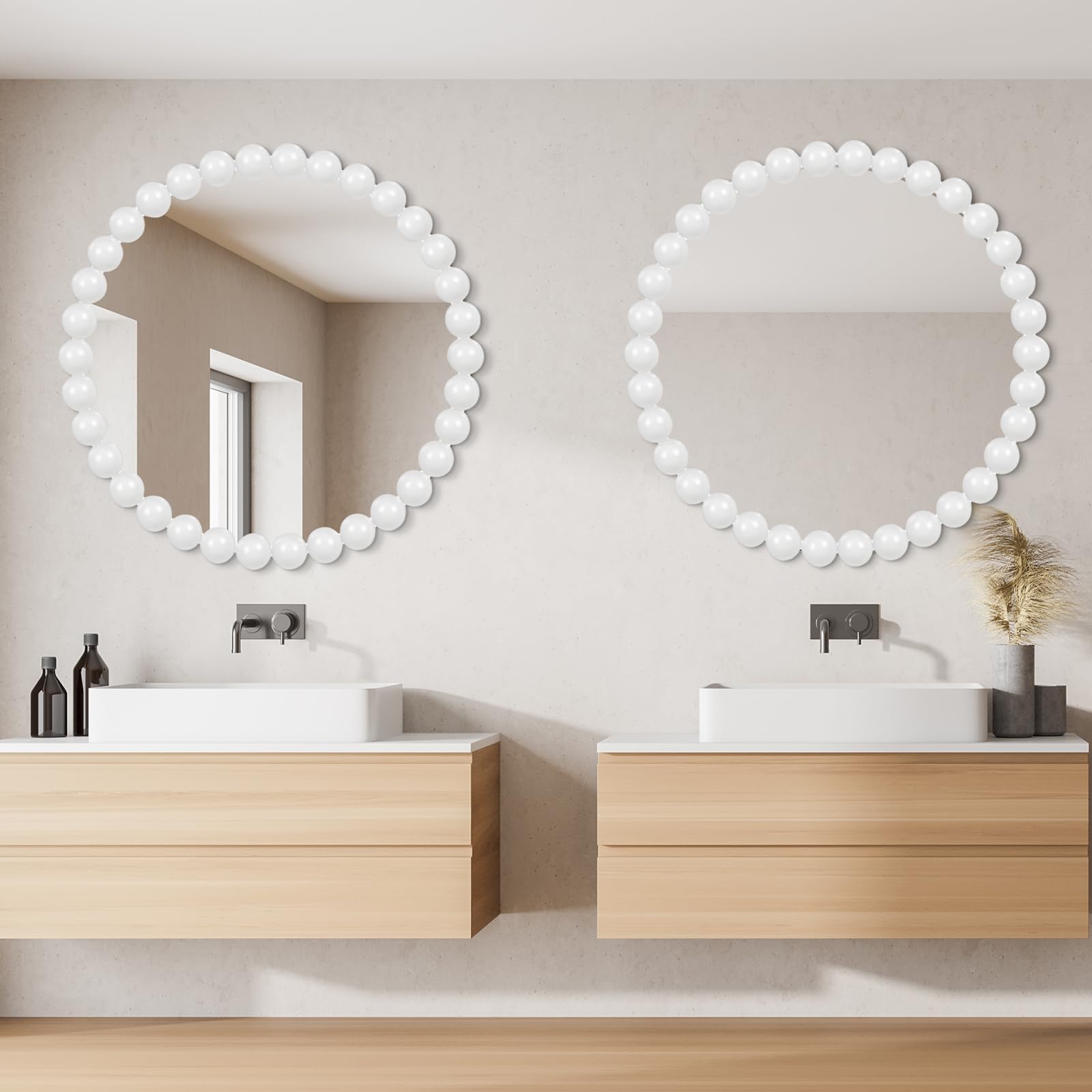 24" White Beaded Round Wall Mirror