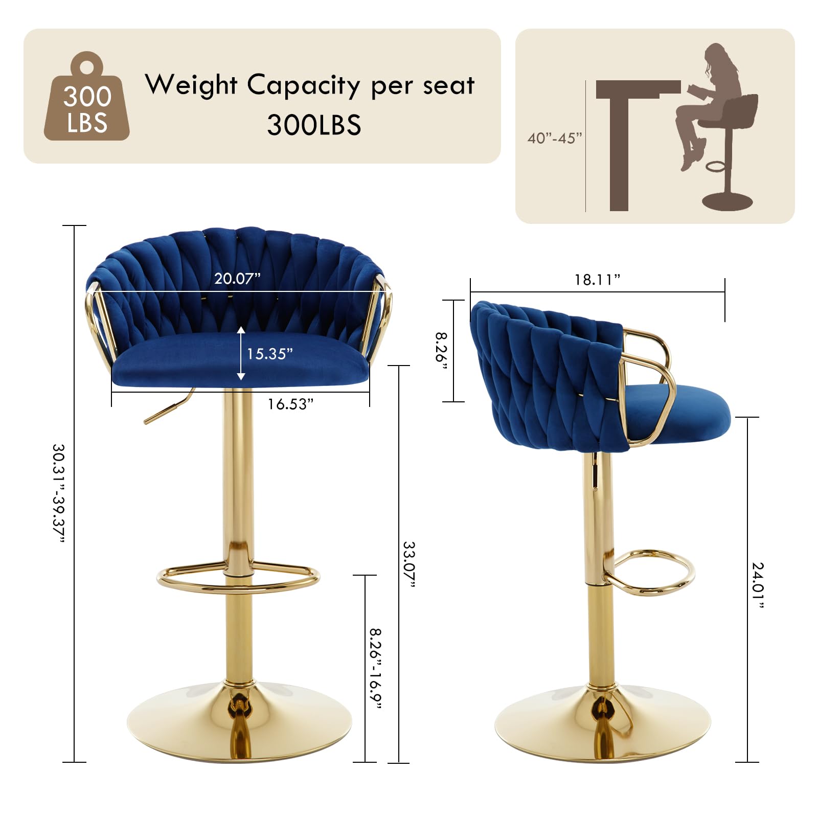 Velvet Bar Stools Set of 2 with Woven Back