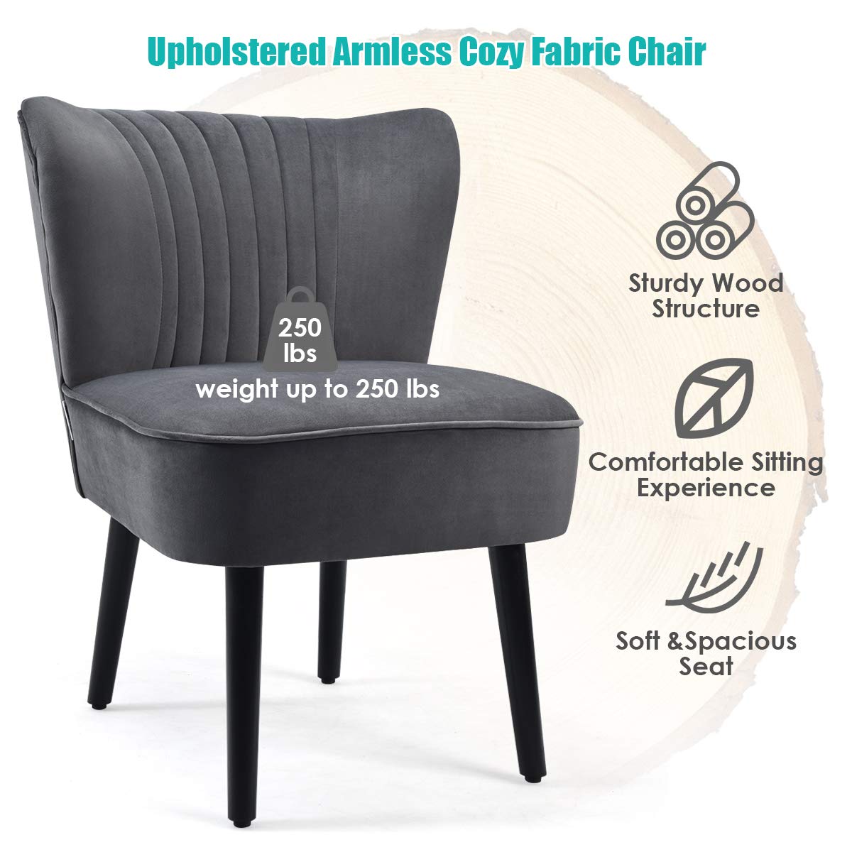 Velvet Accent Chair Set of 2 - Modern Mid-Century Upholstered Armless Side Chair with Curved Backrest