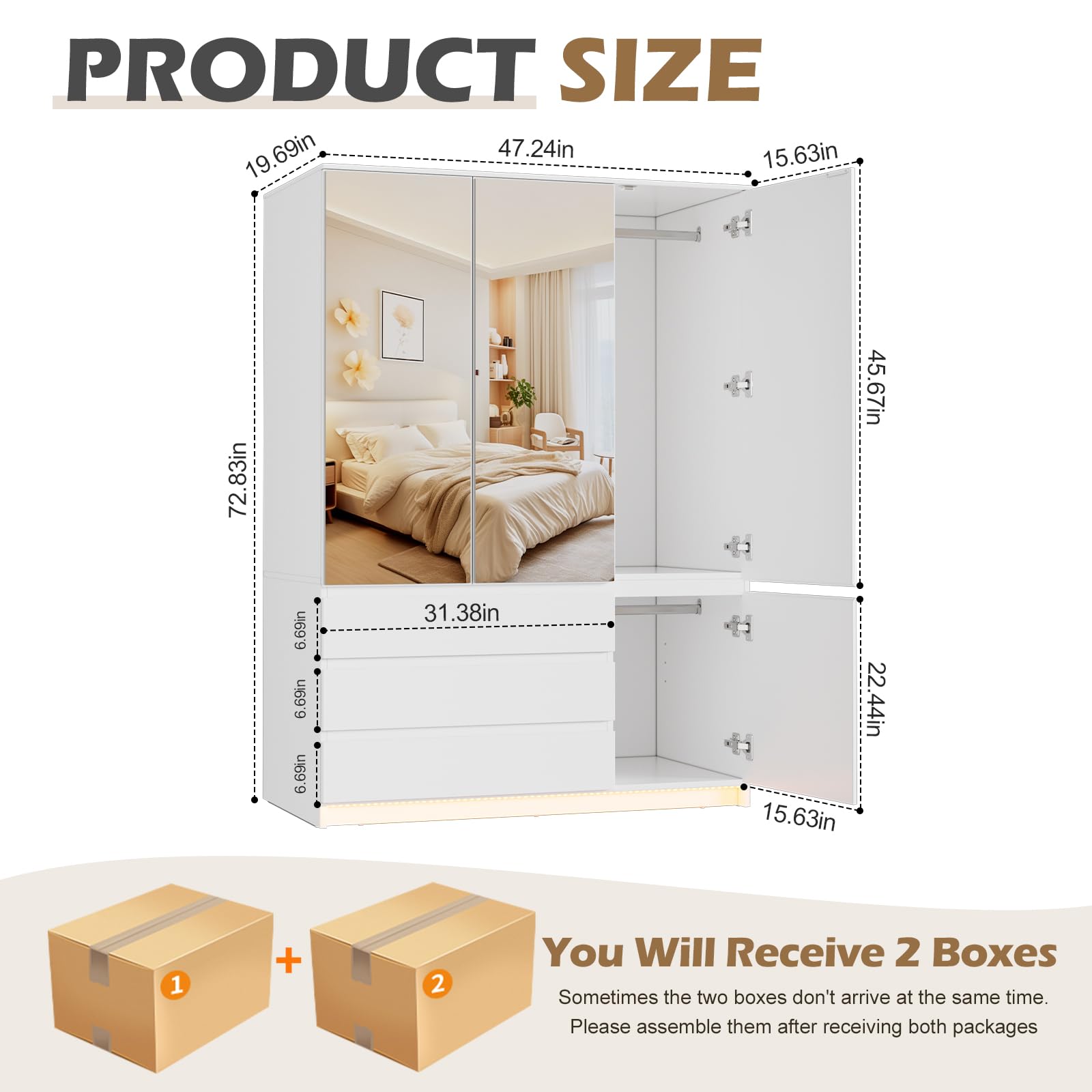 3-Door Armoire Wardrobe with Mirror and LED Lights