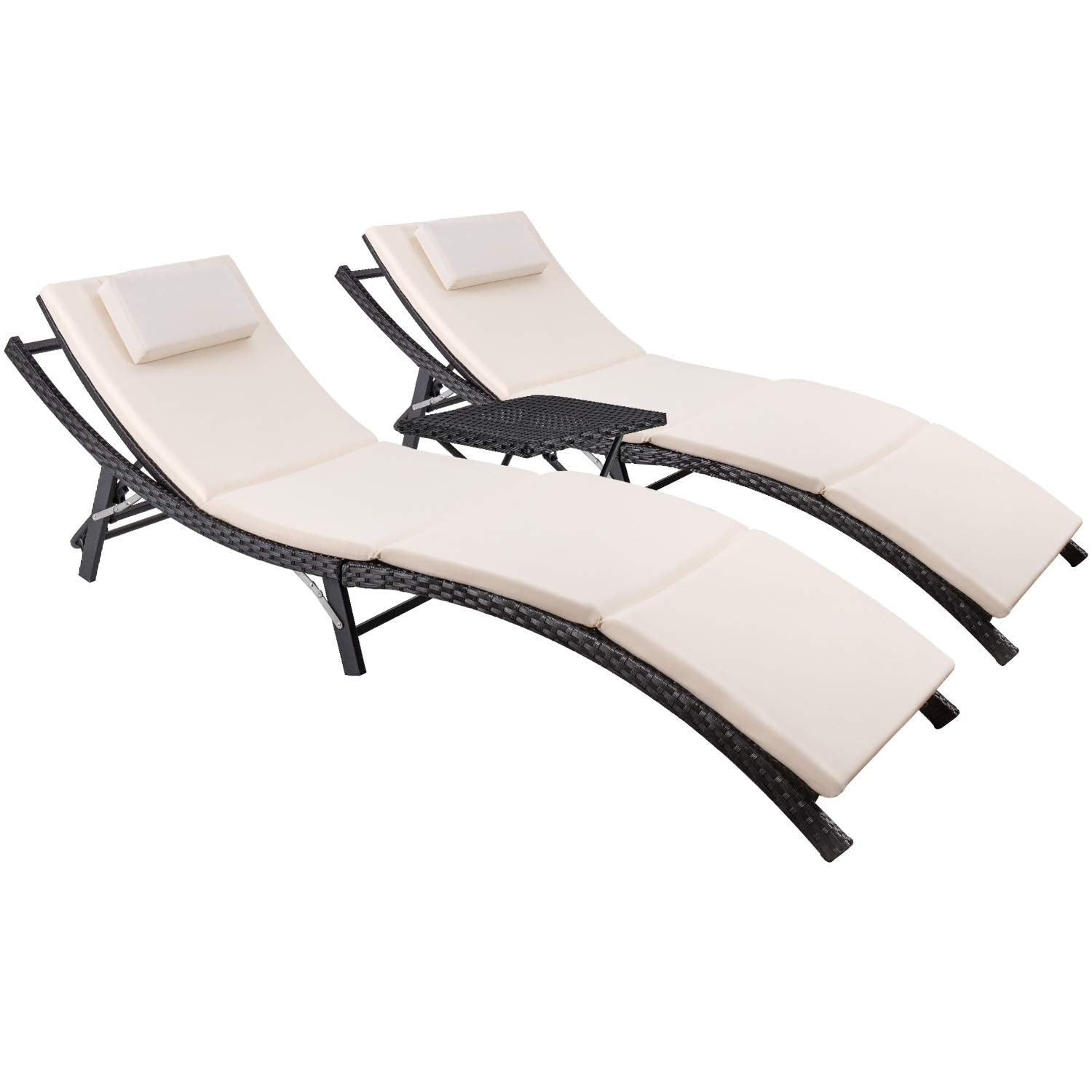 Outdoor Rattan Chaise Lounge Set with Folding Table