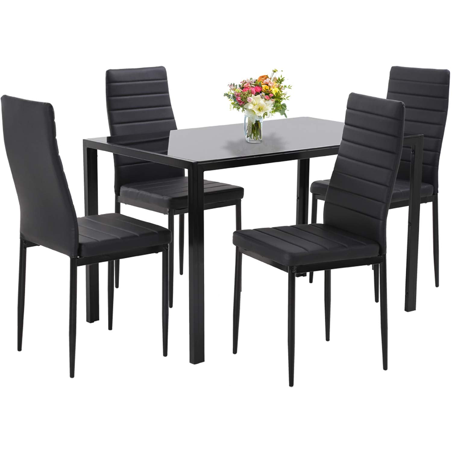 5-Piece Glass Dining Table Set with Metal Frame Chairs