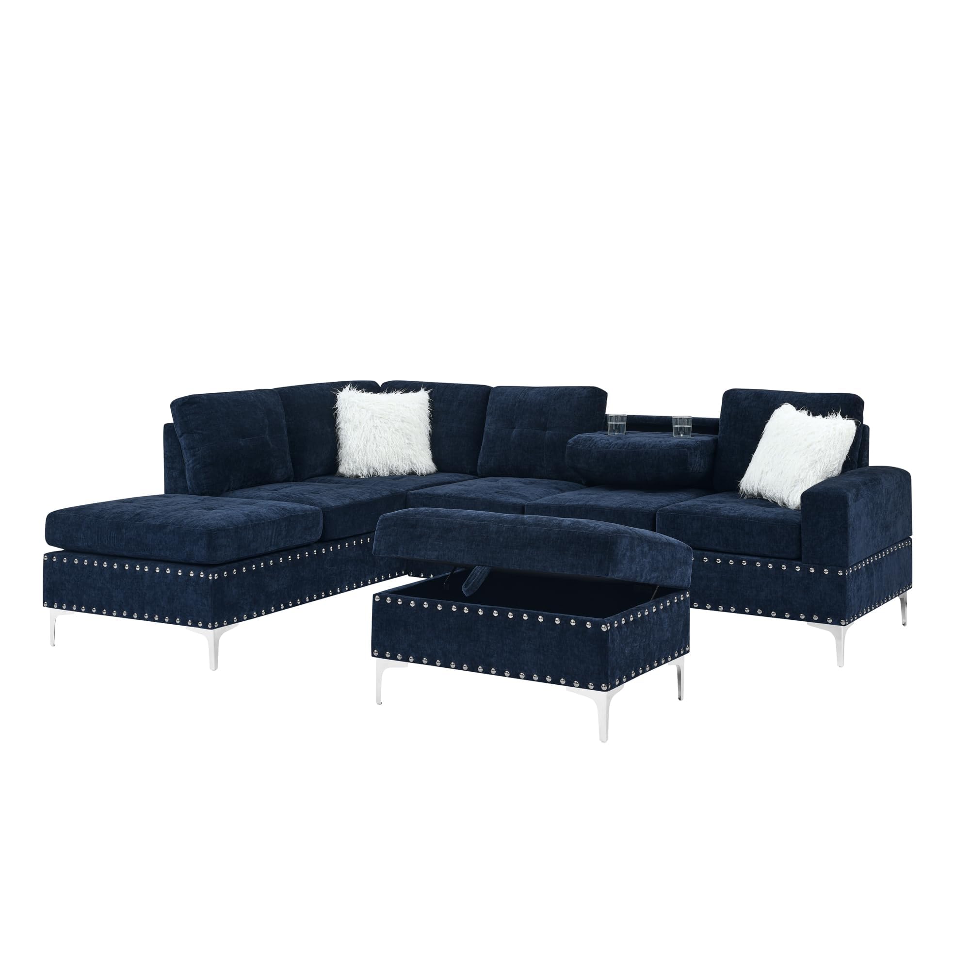 L-Shape Sectional Sofa with Reversible Chaise and Storage Ottoman