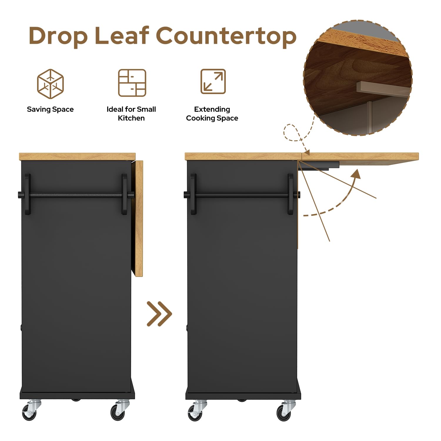 Rolling Kitchen Island with Storage Cabinet and Drop Leaf Countertop